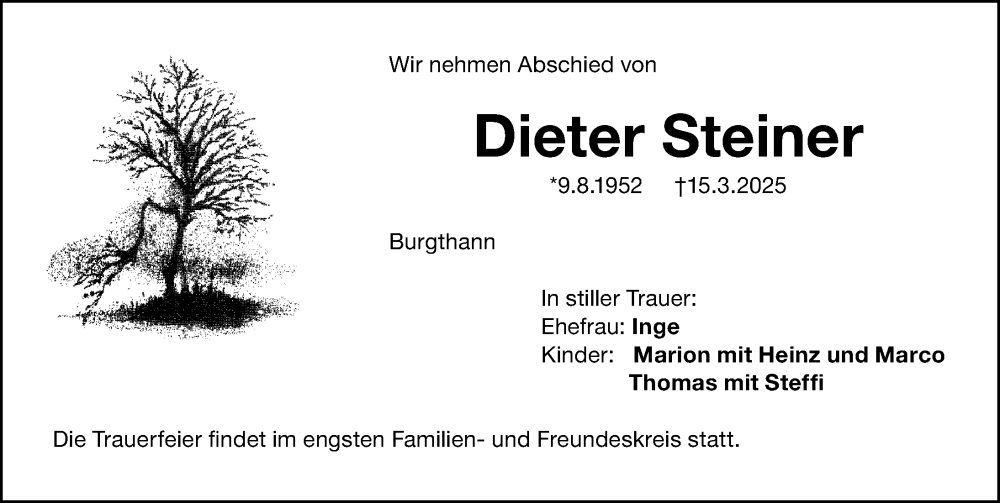  Traueranzeige für Dieter Steiner vom 02.04.2025 aus Gesamtausgabe Nürnberger Nachrichten/ Nürnberger Ztg.