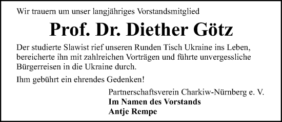 Traueranzeige von Diether Götz von Gesamtausgabe Nürnberger Nachrichten/ Nürnberger Ztg.