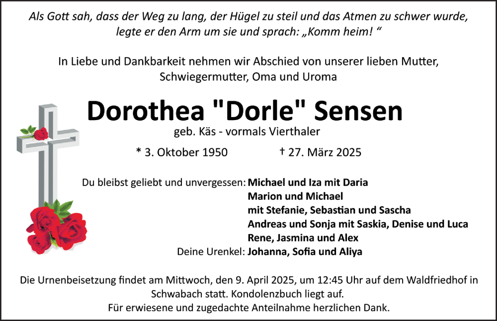  Traueranzeige für Dorothea Sensen vom 05.04.2025 aus Schwabacher Tagblatt Lokal