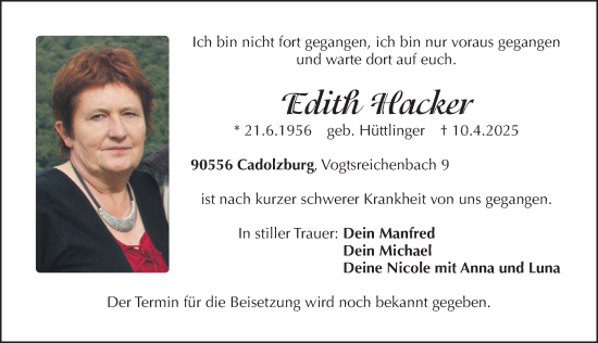 Traueranzeige von Edith Hacker von Fürther Nachrichten Lokal