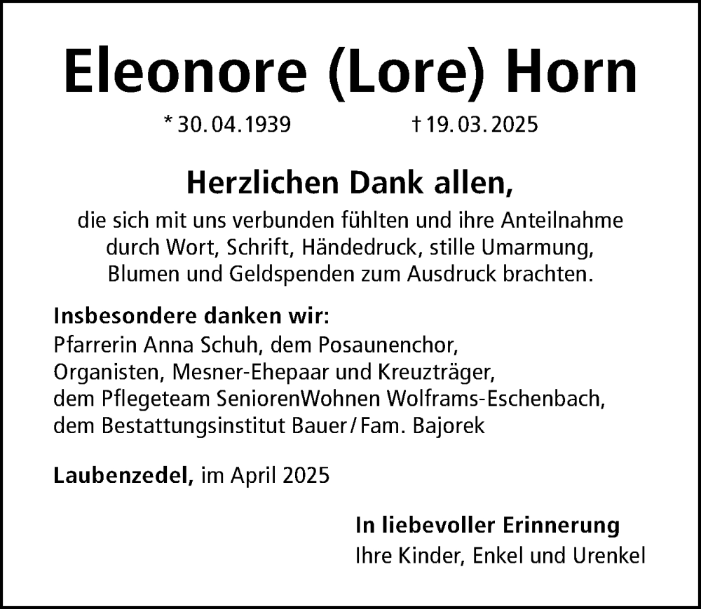  Traueranzeige für Eleonore Horn vom 05.04.2025 aus Altmühl-Bote Lokal