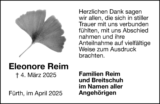 Traueranzeige von Eleonore Reim von Fürther Nachrichten Lokal