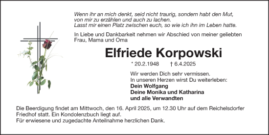 Traueranzeige von Elfriede Korpowski von Gesamtausgabe Nürnberger Nachrichten/ Nürnberger Ztg.