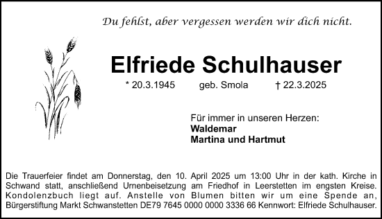 Traueranzeige von Elfriede Schulhauser von Schwabacher Tagblatt Lokal