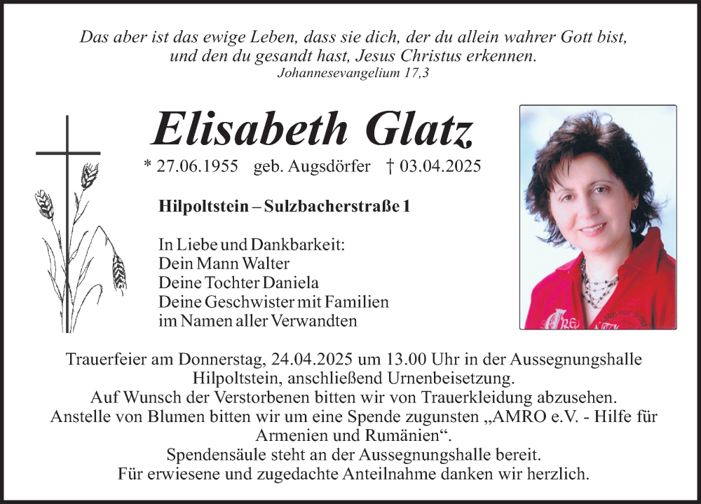 Traueranzeige für Elisabeth Glatz vom 22.04.2025 aus Roth-Hilpoltsteiner Volkszeitung Lokal