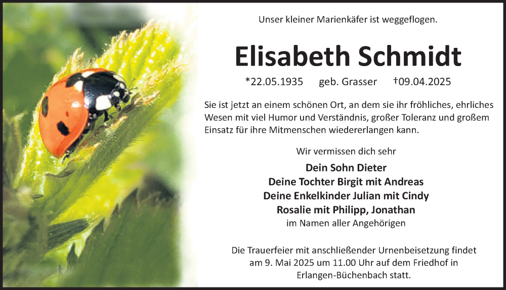  Traueranzeige für Elisabeth Schmidt vom 26.04.2025 aus Erlanger Nachrichten Lokal