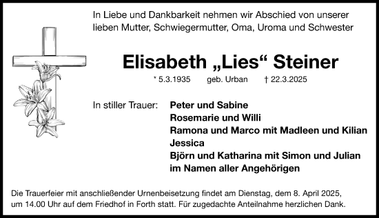 Traueranzeige von Elisabeth Steiner von Nordbayer. Nachrichten Forchheim/ Erlanger Nachrichten