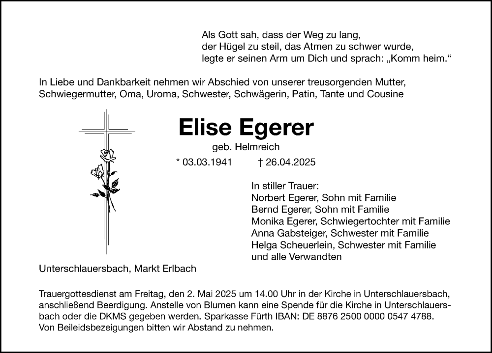  Traueranzeige für Elise Egerer vom 30.04.2025 aus Fürther Nachrichten Lokal