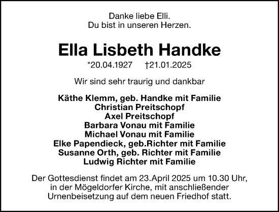 Traueranzeige von Ella  Handke von Gesamtausgabe Nürnberger Nachrichten/ Nürnberger Ztg.
