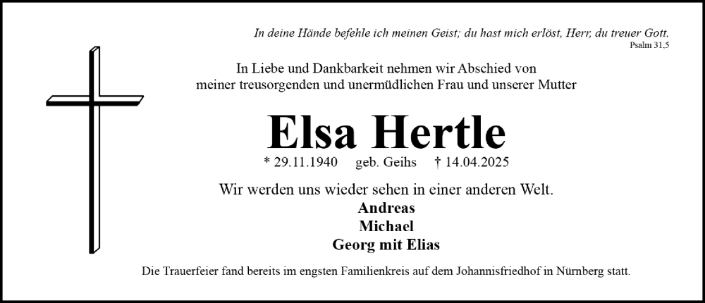 Traueranzeige für Elsa Hertle vom 26.04.2025 aus Gesamtausgabe Nürnberger Nachrichten/ Nürnberger Ztg.