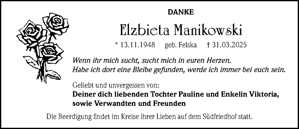  Traueranzeige für Elzbieta Manikowski vom 05.04.2025 aus Gesamtausgabe Nürnberger Nachrichten/ Nürnberger Ztg.