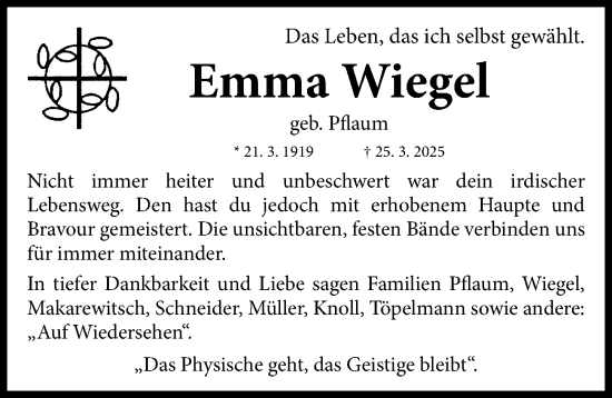 Traueranzeige von Emma Wiegel von Gesamtausgabe Nürnberger Nachrichten/ Nürnberger Ztg.