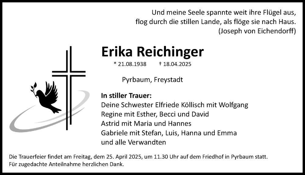  Traueranzeige für Erika Reichinger vom 23.04.2025 aus Neumarkter Nachrichten Lokal