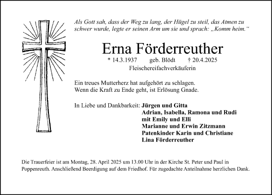 Traueranzeige von Erna Förderreuther von Gesamtausgabe Nürnberger Nachrichten/ Nürnberger Ztg.