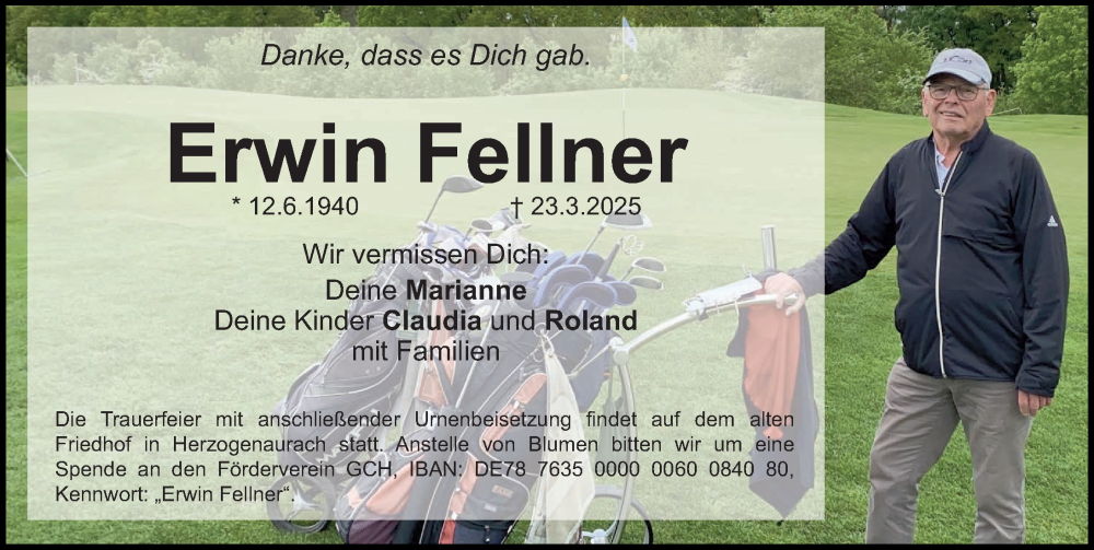  Traueranzeige für Erwin Fellner vom 05.04.2025 aus Erlanger Nachrichten Lokal
