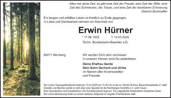 Traueranzeige von Erwin Hürner von Gesamtausgabe Nürnberger Nachrichten/ Nürnberger Ztg.