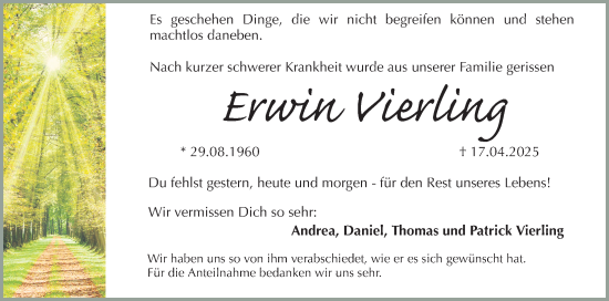 Traueranzeige von Erwin Vierling von Altmühl-Bote Lokal