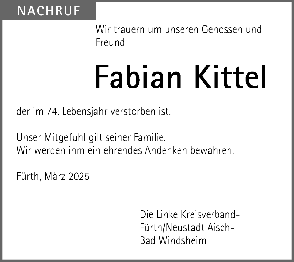  Traueranzeige für Fabian Kittel vom 02.04.2025 aus Fürther Nachrichten Lokal