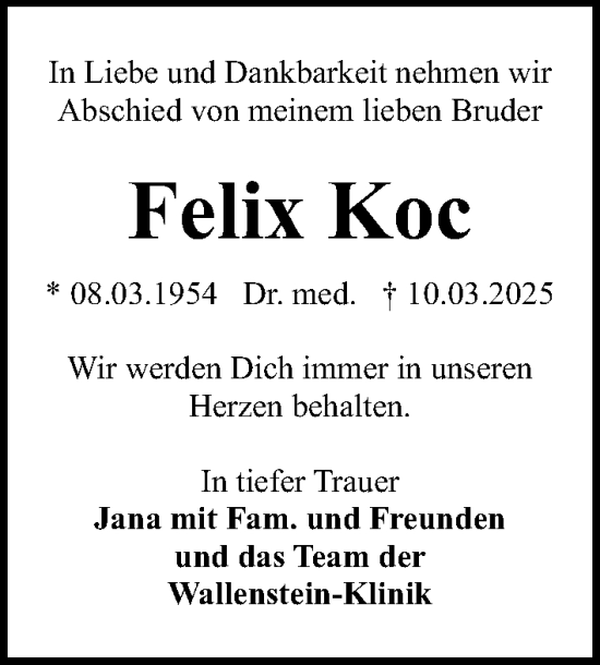 Traueranzeige von Felix Koc von Gesamtausgabe Nürnberger Nachrichten/ Nürnberger Ztg.