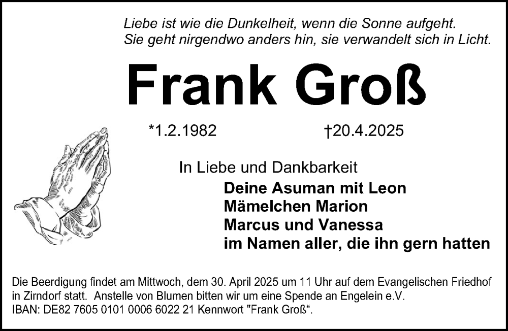  Traueranzeige für Frank Groß vom 26.04.2025 aus Fürther Nachrichten Lokal