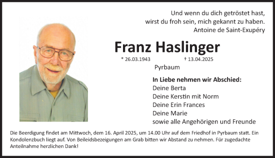 Traueranzeige von Franz Haslinger von Neumarkter Nachrichten Lokal