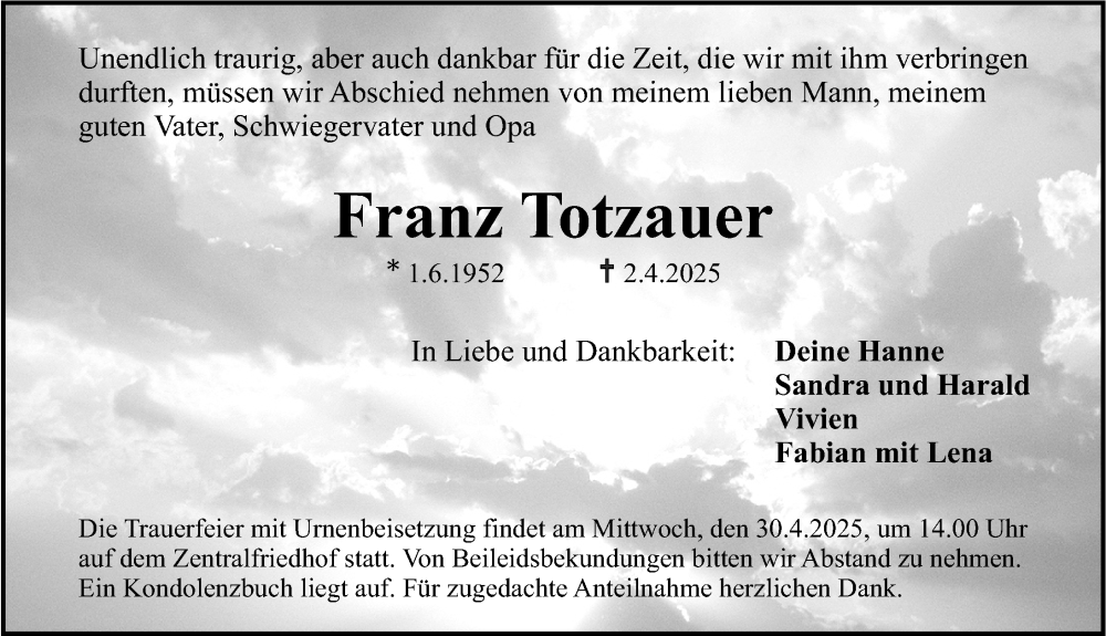  Traueranzeige für Franz Totzauer vom 26.04.2025 aus Erlanger Nachrichten Lokal