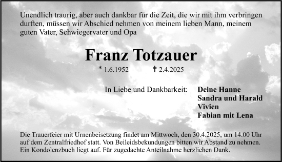 Traueranzeige von Franz Totzauer von Erlanger Nachrichten Lokal