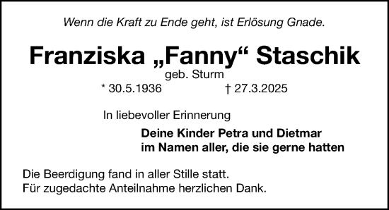 Traueranzeige von Franziska Staschik von Gesamtausgabe Nürnberger Nachrichten/ Nürnberger Ztg.