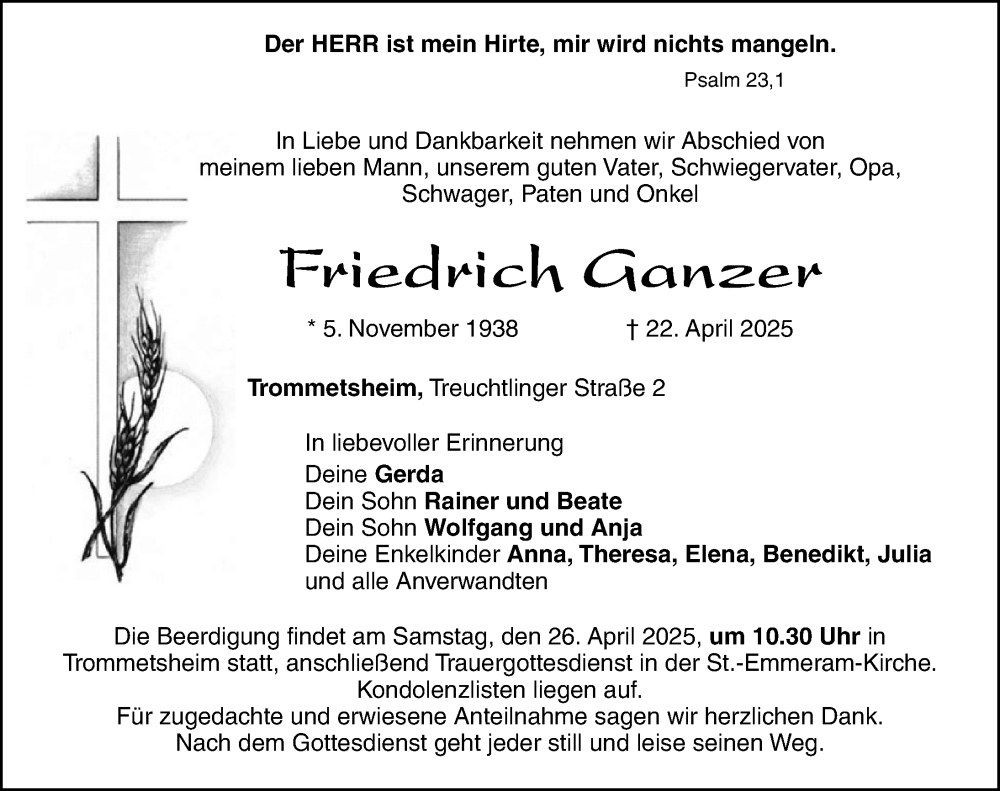  Traueranzeige für Friedrich Ganzer vom 24.04.2025 aus Altmühl-Bote Lokal