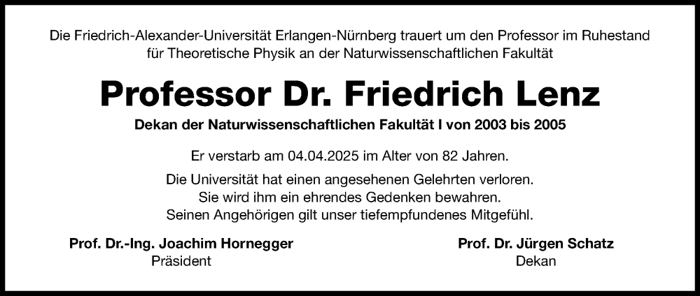  Traueranzeige für Friedrich Lenz vom 24.04.2025 aus Gesamtausgabe Nürnberger Nachrichten/ Nürnberger Ztg.