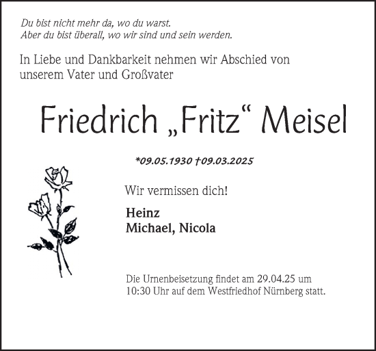 Traueranzeige von Friedrich Meisel von Gesamtausgabe Nürnberger Nachrichten/ Nürnberger Ztg.