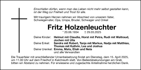 Traueranzeige von Fritz Holzenleuchter von Gesamtausgabe Nürnberger Nachrichten/ Nürnberger Ztg.