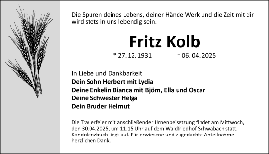 Traueranzeige von Fritz Kolb von Schwabacher Tagblatt Lokal