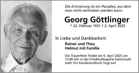 Traueranzeige von Georg Göttlinger von Erlanger Nachrichten Lokal