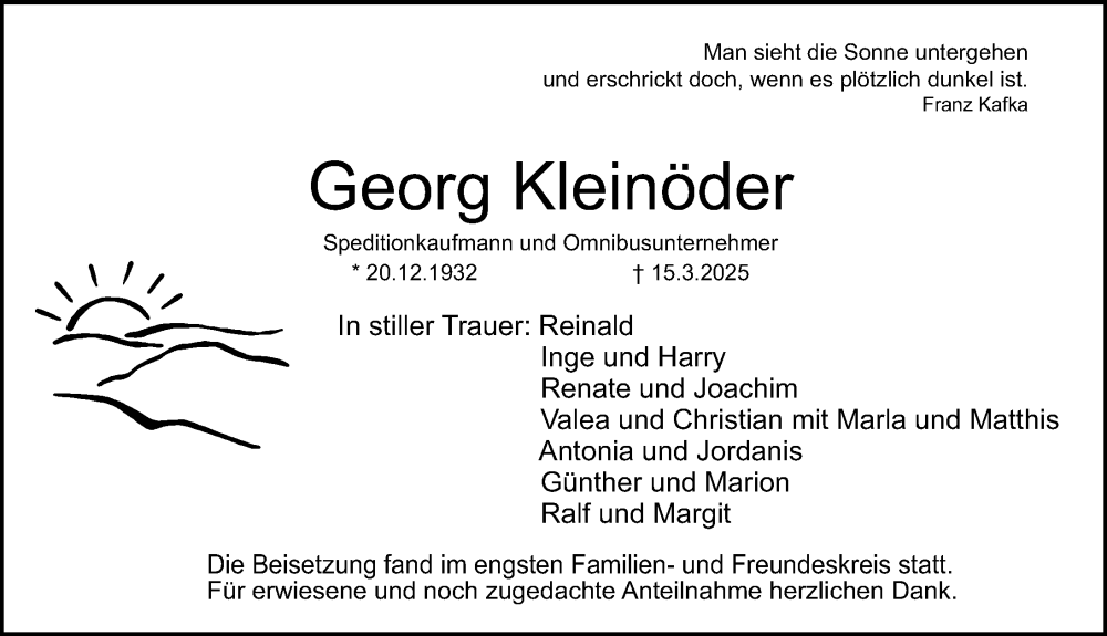  Traueranzeige für Georg Kleinöder vom 12.04.2025 aus Schwabacher Tagblatt Lokal