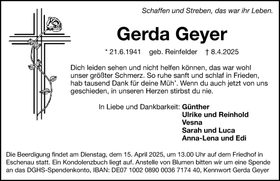 Traueranzeige von Gerda Geyer von Gesamtausgabe Nürnberger Nachrichten/ Nürnberger Ztg.