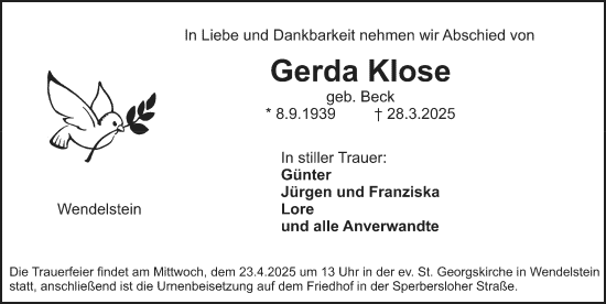 Traueranzeige von Gerda Klose von Schwabacher Tagblatt Lokal