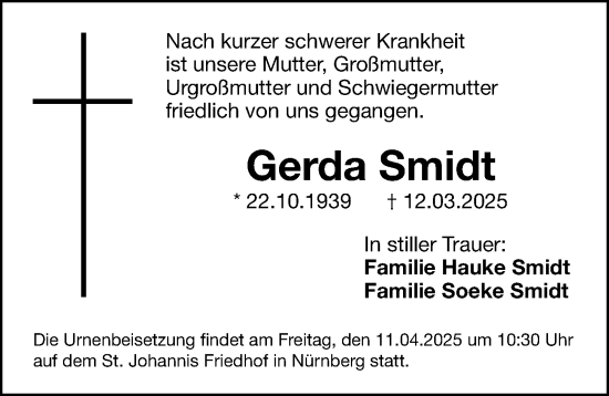 Traueranzeige von Gerda Smidt von Gesamtausgabe Nürnberger Nachrichten/ Nürnberger Ztg.