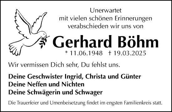 Traueranzeige von Gerhard Böhm von Gesamtausgabe Nürnberger Nachrichten/ Nürnberger Ztg.
