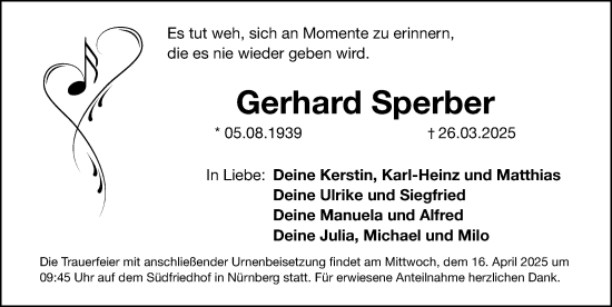 Traueranzeige von Gerhard Sperber von Gesamtausgabe Nürnberger Nachrichten/ Nürnberger Ztg.