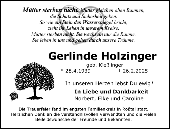 Traueranzeige von Gerlinde Holzinger von Fürther Nachrichten Lokal