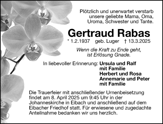 Traueranzeige von Gertraud Rabas von Gesamtausgabe Nürnberger Nachrichten/ Nürnberger Ztg.