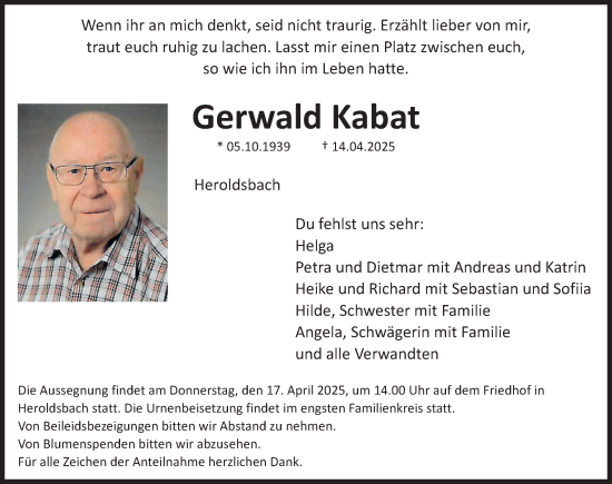 Traueranzeige von Gerwald Kabat von Nordbayerische Nachrichten Forchheim Lokal
