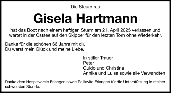 Traueranzeige von Gisela Hartmann von Erlanger Nachrichten Lokal