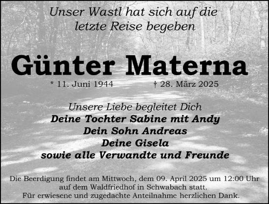 Traueranzeige von Günter Materna von Schwabacher Tagblatt Lokal