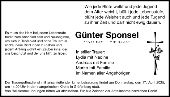 Traueranzeige von Günter Sponsel von Nordbayerische Nachrichten Forchheim Lokal