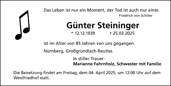 Traueranzeige von Günter Steininger von Gesamtausgabe Nürnberger Nachrichten/ Nürnberger Ztg.