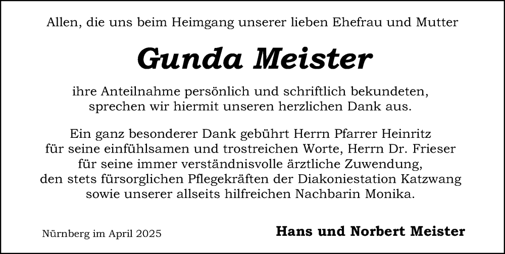  Traueranzeige für Gunda Meister vom 26.04.2025 aus Schwabacher Tagblatt Lokal