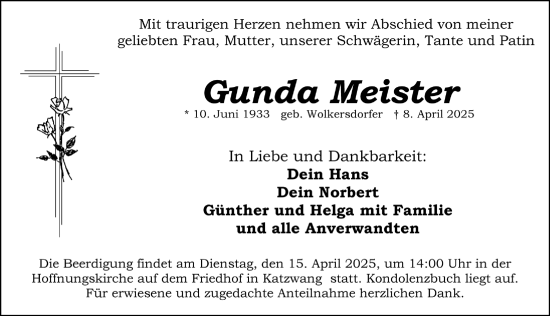 Traueranzeige von Gunda Meister von Schwabacher Tagblatt Lokal