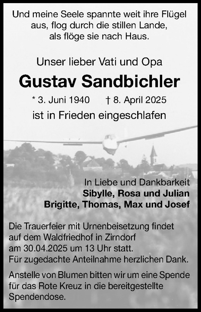  Traueranzeige für Gustav Sandbichler vom 26.04.2025 aus Gesamtausgabe Nürnberger Nachrichten/ Nürnberger Ztg.